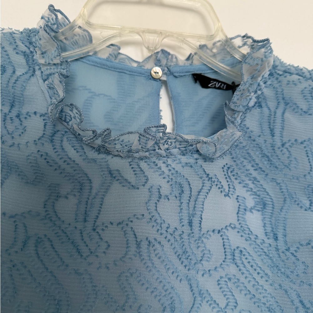 Zara Women's Light Blue Sheer Lace Blouse - Picture 4 of 9
